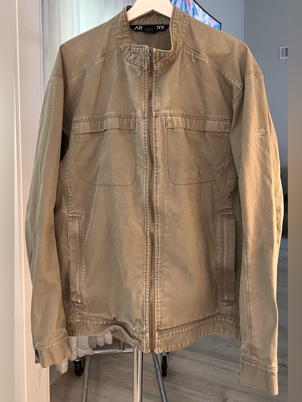 Arc'teryx Men's Canvas Moto Jacket Snap Collar Zip Front Grey Olive XL